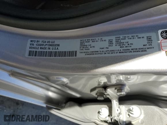 ✅ 2025 Ram 1500 Laramie • VIN: 1C6SRFJP1SN553296 • Лот: 86313765. Опубликован ранее на Copart с пробегом 4 458 миль. Бесплатный доступ к архиву аукционных продаж из США и подробный отчёт об истории автомобиля на DreamBid. Изображение 13.