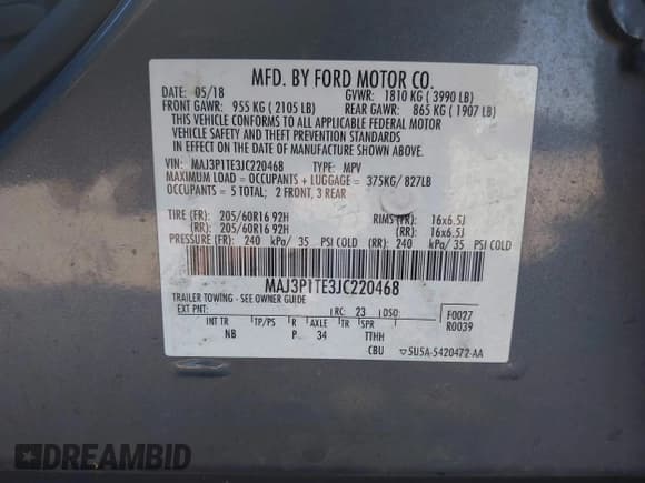 ✅ 2018 Ford EcoSport SE • VIN: MAJ3P1TE3JC220468 • Lot: 43392699. Listed on IAAI with 107,781 mi. Free auction sales archive from the USA and detailed vehicle history report at DreamBid. Image 9.