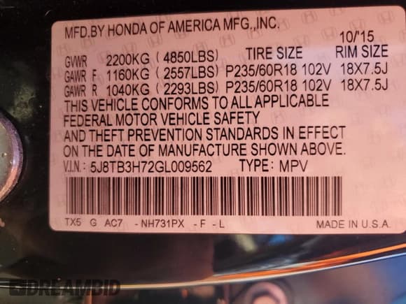 ✅ 2016 Acura RDX Advance • VIN: 5J8TB3H72GL009562 • Lot: 65831635. Listed on Copart with 39,656 mi. Free auction sales archive from the USA and detailed vehicle history report at DreamBid. Image 13.