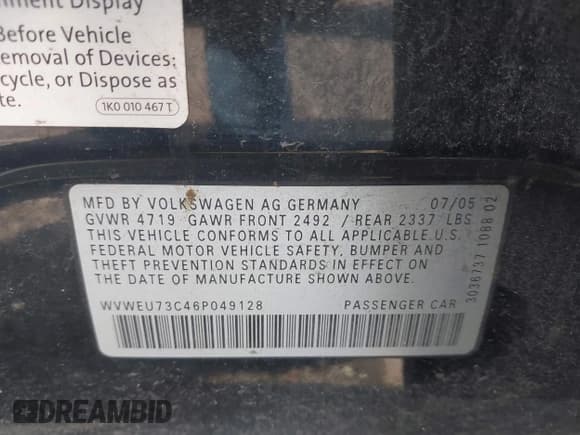✅ 2006 Volkswagen Passat 3.6L V6 • VIN: WVWEU73C46P049128 • Lot: 43162561. Listed on IAAI with 129,306 mi. Free auction sales archive from the USA and detailed vehicle history report at DreamBid. Image 9.