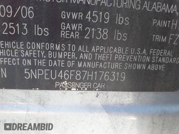 ✅ 2007 Hyundai Sonata SE • VIN: 5NPEU46F87H176319 • Lot: 43635019. Listed on IAAI with 202,162 mi. Free auction sales archive from the USA and detailed vehicle history report at DreamBid. Image 9.