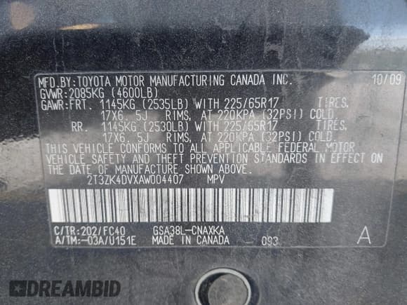 ✅ 2010 Toyota RAV4 • VIN: 2T3ZK4DVXAW004407 • Лот: 42127299. Опубликован ранее на IAAI с пробегом 206 466 миль. Бесплатный доступ к архиву аукционных продаж из США и подробный отчёт об истории автомобиля на DreamBid. Изображение 9.