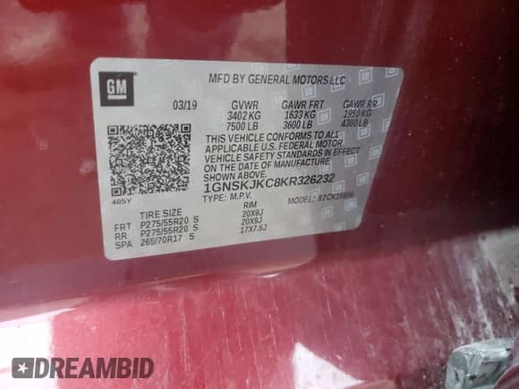 2019 Chevrolet Suburban Premier z VIN 1GNSKJKC8KR326232, wystawiony jako Copart lot #70490135 z przebiegiem Nie podano mil oraz Szkoda całkowita • Salvage title. Historia ofert i sprzedaży dostępna na DreamBid. Obrazek 13.