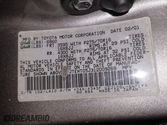 ✅ 2001 Toyota Land Cruiser • VIN: JTEHT05J312009269 • Лот: 41921927. Опубликован ранее на IAAI с пробегом 252 176 миль. Бесплатный доступ к архиву аукционных продаж из США и подробный отчёт об истории автомобиля на DreamBid. Изображение 9.