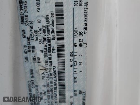 ✅ 2010 Ford Econoline Passenger XL • VIN: 1FBNE3BL9ADA58073 • Lot: 61831885. Listed on Copart with Not provided. Free auction sales archive from the USA and detailed vehicle history report at DreamBid. Image 13.