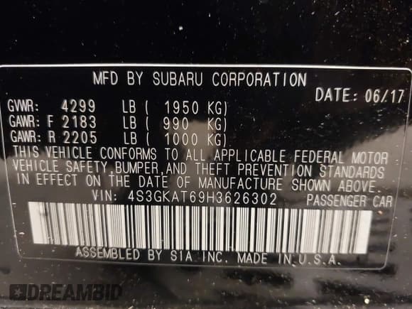 ✅ 2017 Subaru Impreza Limited • VIN: 4S3GKAT69H3626302 • Lot: 42191907. Listed on IAAI with 67,093 mi. Free auction sales archive from the USA and detailed vehicle history report at DreamBid. Image 9.