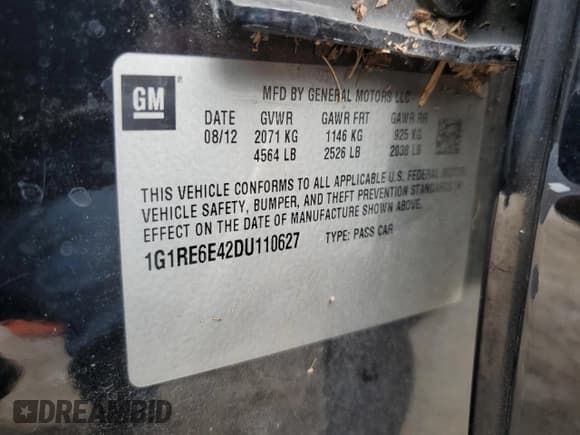 ✅ 2013 Chevrolet Volt • VIN: 1G1RE6E42DU110627 • Lot: 70928664. Wystawiony na Copart z przebiegiem 129 408 mil. Bezpłatny archiwum sprzedaży aukcyjnych z USA i szczegółowy raport historii pojazdu na DreamBid. Zdjęcie 13.