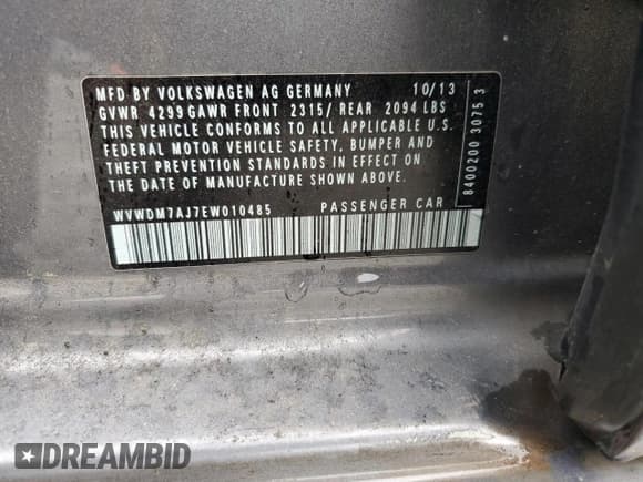 ✅ 2014 Volkswagen Golf TDI • VIN: WVWDM7AJ7EW010485 • Lot: 60371185. Listed on Copart with 227,957 mi. Free auction sales archive from the USA and detailed vehicle history report at DreamBid. Image 13.