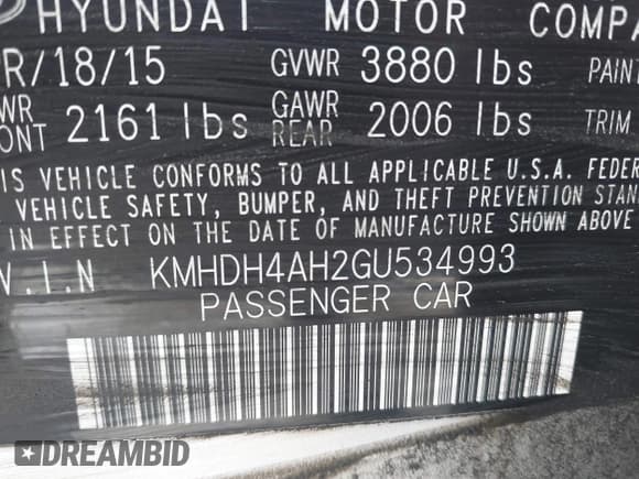 ✅ 2016 Hyundai Elantra Sport • VIN: KMHDH4AH2GU534993 • Lot: 42790438. Listed on IAAI with 160,833 mi. Free auction sales archive from the USA and detailed vehicle history report at DreamBid. Image 9.