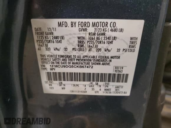 ✅ 2012 Ford Escape XLT • VIN: 1FMCU9DG5CKB67472 • Lot: 90642385. Listed on Copart with 178,340 mi. Free auction sales archive from the USA and detailed vehicle history report at DreamBid. Image 13.