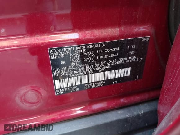 ✅ 2021 Toyota Venza LE • VIN: JTEAAAAHXMJ007187 • Lot: 43493656. Listed on IAAI with Not provided. Free auction sales archive from the USA and detailed vehicle history report at DreamBid. Image 9.