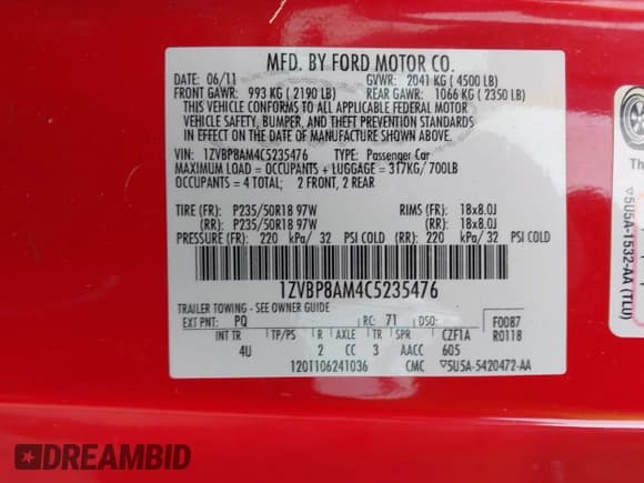 ✅ 2012 Ford Mustang Premium • VIN: 1ZVBP8AM4C5235476 • Lot: 43547051. Listed on IAAI with 111,904 mi. Free auction sales archive from the USA and detailed vehicle history report at DreamBid. Image 9.