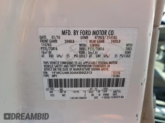 ✅ 2010 Ford Escape Hybrid • VIN: 1FMCU4K30AKB92313 • Lot: 54142145. Wystawiony na Copart z przebiegiem 159 175 mil. Bezpłatny archiwum sprzedaży aukcyjnych z USA i szczegółowy raport historii pojazdu na DreamBid. Zdjęcie 13.