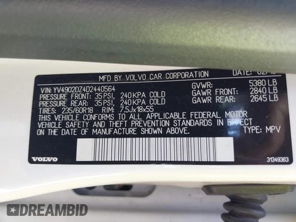 ✅ 2013 Volvo XC60 T6 • VIN: YV4902DZ4D2440564 • Lot: 39893350. Listed on IAAI with 171,624 mi. Free auction sales archive from the USA and detailed vehicle history report at DreamBid. Image 9.