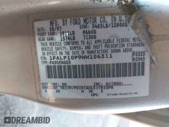 ✅ 1998 Ford Escort • VIN: 1FALP10P9WW106311 • Lot: 43613665. Listed on IAAI with 159,878 mi. Free auction sales archive from the USA and detailed vehicle history report at DreamBid. Image 9.