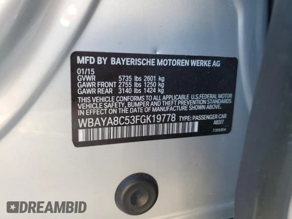 ✅ 2015 BMW 7 Series 750i • VIN: WBAYA8C53FGK19778 • Lot: 77258684. Listed on Copart with 34,535 mi. Free auction sales archive from the USA and detailed vehicle history report at DreamBid. Image 12.