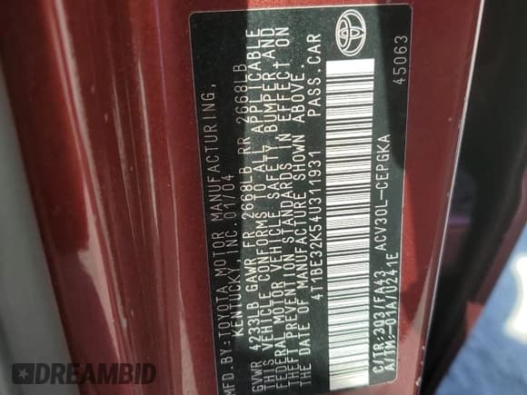 ✅ 2004 Toyota Camry LE • VIN: 4T1BE32K54U311931 • Lot: 93477115. Listed on Copart with 241,230 mi. Free auction sales archive from the USA and detailed vehicle history report at DreamBid. Image 13.