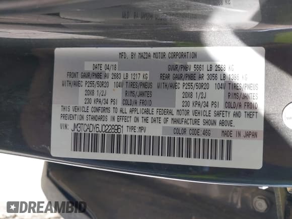 ✅ 2018 Mazda CX-9 Grand Touring • VIN: JM3TCADY6J0228961 • Lot: 42655347. Wystawiony na IAAI z przebiegiem Nie podano. Bezpłatny archiwum sprzedaży aukcyjnych z USA i szczegółowy raport historii pojazdu na DreamBid. Zdjęcie 9.