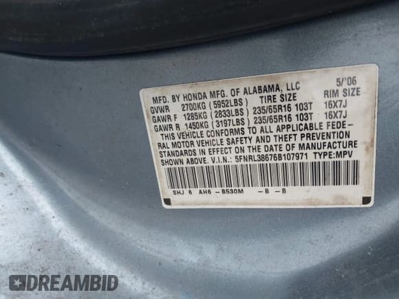 ✅ 2006 Honda Odyssey EX-L • VIN: 5FNRL38676B107971 • Lot: 43868101. Listed on IAAI with 199,894 mi. Free auction sales archive from the USA and detailed vehicle history report at DreamBid. Image 9.