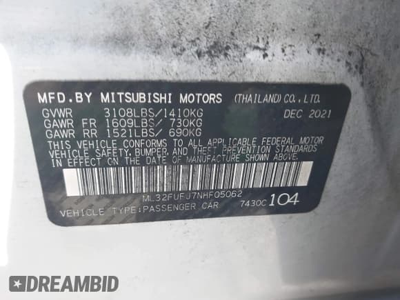 ✅ 2022 Mitsubishi Mirage ES • VIN: ML32FUFJ7NHF05062 • Lot: 40944178. Listed on IAAI with 46,909 mi. Free auction sales archive from the USA and detailed vehicle history report at DreamBid. Image 9.