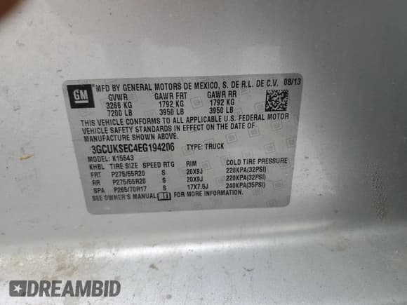 ✅ 2014 Chevrolet Silverado 1500 LTZ • VIN: 3GCUKSEC4EG194206 • Lot: 69057995. Listed on Copart with 175,060 mi. Free auction sales archive from the USA and detailed vehicle history report at DreamBid. Image 12.