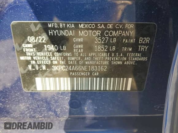 2022 Hyundai Accent SEL z VIN 3KPC24A66NE183162, wystawiony jako Copart lot #71823394 z przebiegiem 6 897 mil mil oraz Szkoda całkowita • Salvage title. Historia ofert i sprzedaży dostępna na DreamBid. Obrazek 12.