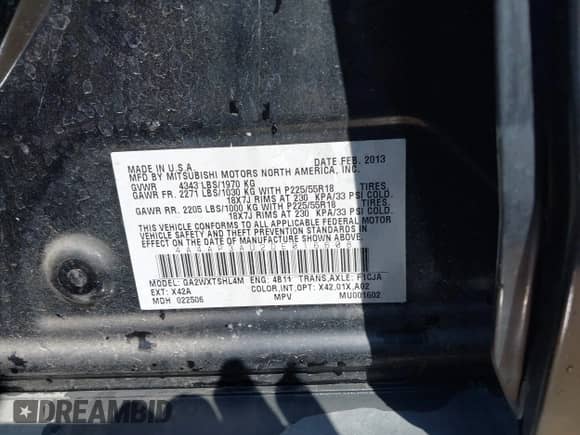 2013 Mitsubishi Outlander ES with VIN 4A4AP3AU2DE016608, listed as a IAAI auction lot 43389084 with 135,907 mi miles and . Bid and sale history available at DreamBid. Image 9.