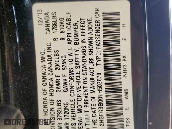 ✅ 2014 Honda Civic EX-L • VIN: 2HGFG3B00EH503679 • Lot: 68864515. Listed on Copart with 138,925 mi. Free auction sales archive from the USA and detailed vehicle history report at DreamBid. Image 13.