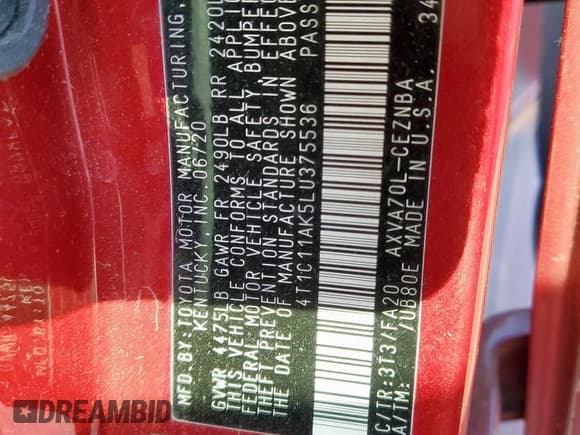 ✅ 2020 Toyota Camry LE • VIN: 4T1C11AK5LU375536 • Lot: 91073535. Listed on Copart with 74,354 mi. Free auction sales archive from the USA and detailed vehicle history report at DreamBid. Image 12.