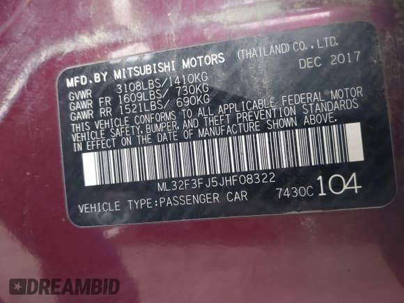 ✅ 2018 Mitsubishi Mirage ES • VIN: ML32F3FJ5JHF08322 • Lot: 43616272. Listed on IAAI with 282,668 mi. Free auction sales archive from the USA and detailed vehicle history report at DreamBid. Image 9.