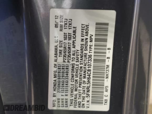 ✅ 2012 Honda Odyssey EX-L • VIN: 5FNRL5H64CB107336 • Лот: 80844465. Опубликован ранее на Copart с пробегом 156 703 миль. Бесплатный доступ к архиву аукционных продаж из США и подробный отчёт об истории автомобиля на DreamBid. Изображение 13.