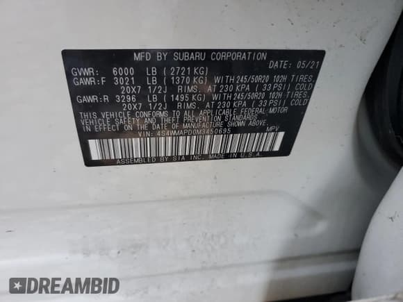 ✅ 2021 Subaru Ascent Limited • VIN: 4S4WMAPD0M3450695 • Lot: 90708775. Listed on Copart with 47,857 mi. Free auction sales archive from the USA and detailed vehicle history report at DreamBid. Image 13.