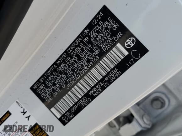 ✅ 2024 Toyota Prius LE • VIN: JTDACAAU3R3048168 • Lot: 93694305. Listed on Copart with Not provided. Free auction sales archive from the USA and detailed vehicle history report at DreamBid. Image 12.