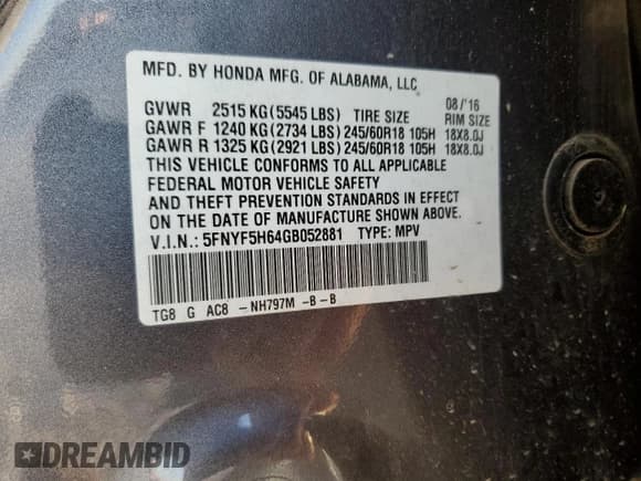 ✅ 2016 Honda Pilot EX-L • VIN: 5FNYF5H64GB052881 • Lot: 45228065. Wystawiony na Copart z przebiegiem 86 542 mil. Bezpłatny archiwum sprzedaży aukcyjnych z USA i szczegółowy raport historii pojazdu na DreamBid. Zdjęcie 13.