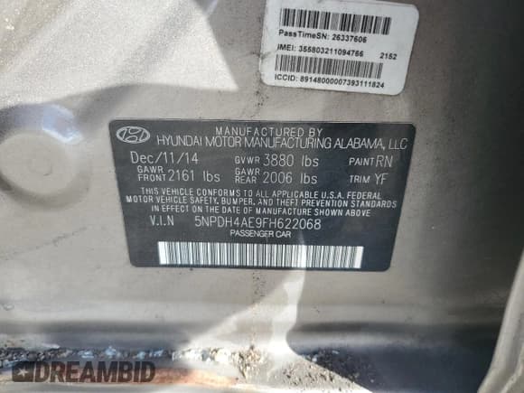 ✅ 2015 Hyundai Elantra SE • VIN: 5NPDH4AE9FH622068 • Lot: 82255405. Listed on Copart with Not provided. Free auction sales archive from the USA and detailed vehicle history report at DreamBid. Image 12.