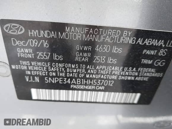 2017 Hyundai Sonata Sport with VIN 5NPE34AB1HH537012, listed as a IAAI auction lot 41683673 with 18,000 mi miles and . Bid and sale history available at DreamBid. Image 9.