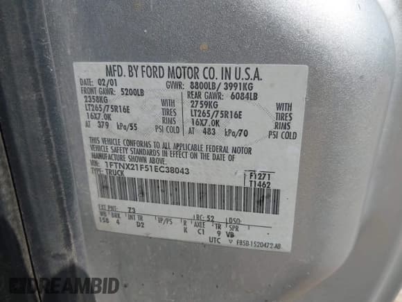 ✅ 2001 Ford F-250 XL • VIN: 1FTNX21F51EC38043 • Lot: 43021837. Listed on IAAI with 268,148 mi. Free auction sales archive from the USA and detailed vehicle history report at DreamBid. Image 9.