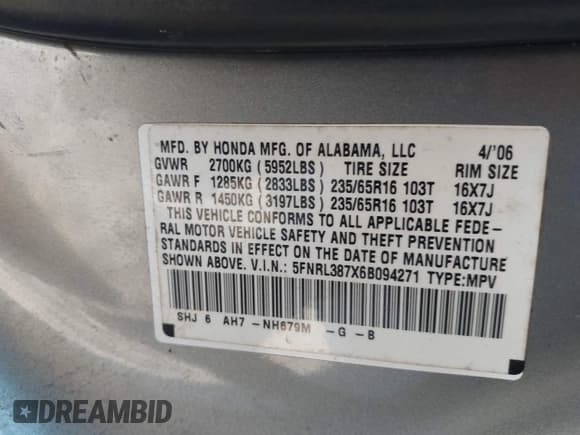 ✅ 2006 Honda Odyssey EX-L • VIN: 5FNRL387X6B094271 • Лот: 43743098. Опубликован ранее на IAAI с пробегом 215 736 миль. Бесплатный доступ к архиву аукционных продаж из США и подробный отчёт об истории автомобиля на DreamBid. Изображение 9.