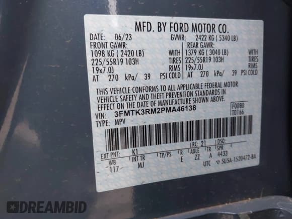 ✅ 2023 Ford Mustang Mach-E Premium • VIN: 3FMTK3RM2PMA46138 • Lot: 43657290. Listed on IAAI with 23,959 mi. Free auction sales archive from the USA and detailed vehicle history report at DreamBid. Image 9.