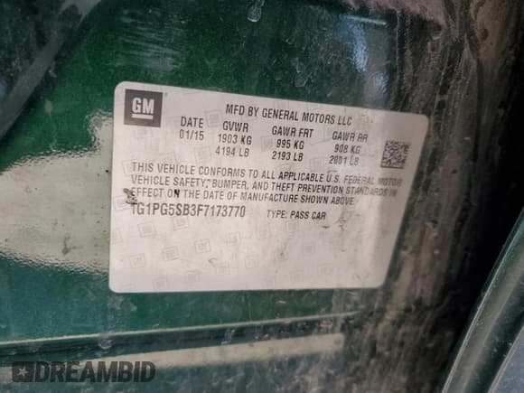 ✅ 2015 Chevrolet Cruze LTZ • VIN: 1G1PG5SB3F7173770 • Lot: 40915023. Listed on Copart with 153,092 mi. Free auction sales archive from the USA and detailed vehicle history report at DreamBid. Image 14.