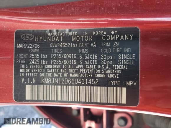 2006 Hyundai Tucson GLS z VIN KM8JN12D66U431452, wystawiony jako Copart lot #83564274 z przebiegiem 229 855 mil mil oraz Szkoda całkowita • Salvage title. Historia ofert i sprzedaży dostępna na DreamBid. Obrazek 15.