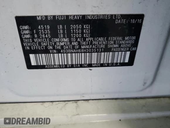 ✅ 2017 Subaru Legacy Premium • VIN: 4S3BNAH68H3035131 • Lot: 61051845. Listed on Copart with Not provided. Free auction sales archive from the USA and detailed vehicle history report at DreamBid. Image 12.