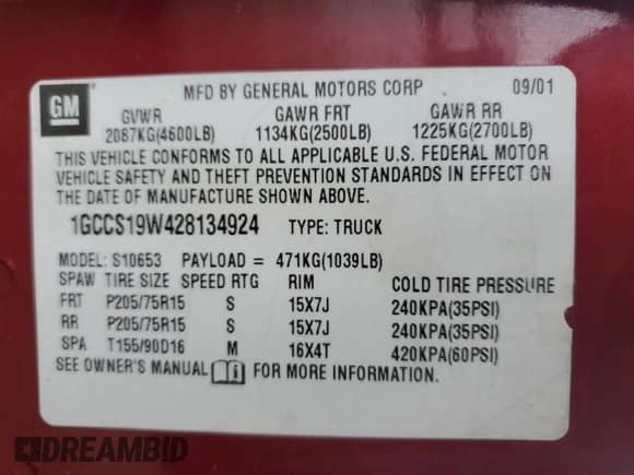2002 Chevrolet S-10 LS with VIN 1GCCS19W428134924, listed as a Copart auction lot 72391124 with 105,611 mi miles and Salvage title. Bid and sale history available at DreamBid. Image 12.