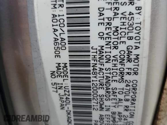 ✅ 2002 Lexus SC 430 • VIN: JTHFN48Y120002712 • Lot: 57078505. Listed on Copart with 129,826 mi. Free auction sales archive from the USA and detailed vehicle history report at DreamBid. Image 12.