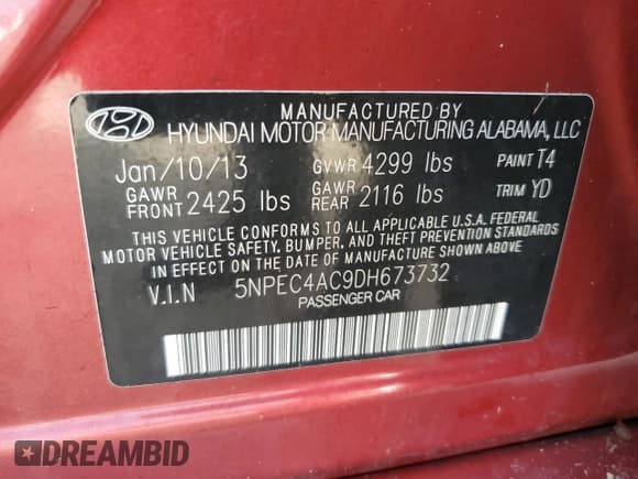 ✅ 2013 Hyundai Sonata SE • VIN: 5NPEC4AC9DH673732 • Lot: 74176734. Listed on Copart with Not provided. Free auction sales archive from the USA and detailed vehicle history report at DreamBid. Image 12.