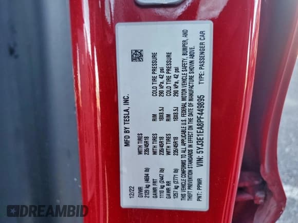 ✅ 2023 Tesla Model 3 • VIN: 5YJ3E1EA8PF449895 • Lot: 94594875. Wystawiony na Copart z przebiegiem 98 337 mil. Bezpłatny archiwum sprzedaży aukcyjnych z USA i szczegółowy raport historii pojazdu na DreamBid. Zdjęcie 12.