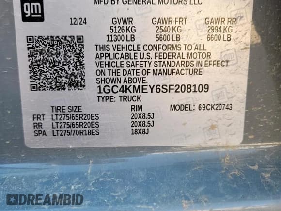 ✅ 2025 Chevrolet Silverado 2500HD Custom • VIN: 1GC4KMEY6SF208109 • Лот: 84414735. Опубликован ранее на Copart с пробегом 16 670 миль. Бесплатный доступ к архиву аукционных продаж из США и подробный отчёт об истории автомобиля на DreamBid. Изображение 12.