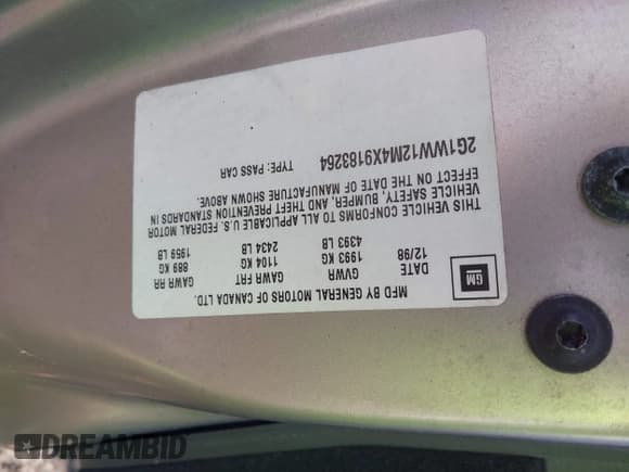 ✅ 1999 Chevrolet Monte Carlo LS • VIN: 2G1WW12M4X9183264 • Lot: 41388935. Listed on IAAI with 135,826 mi. Free auction sales archive from the USA and detailed vehicle history report at DreamBid. Image 9.