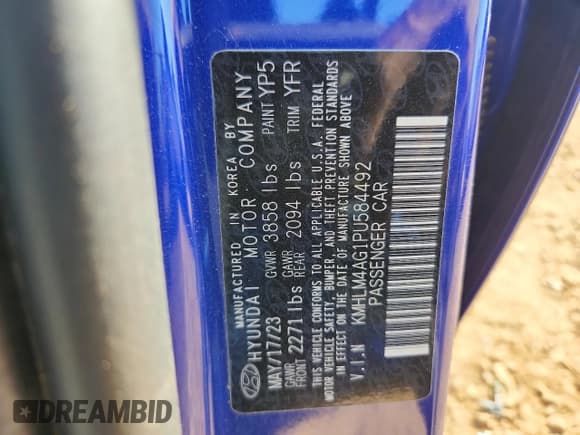 ✅ 2023 Hyundai Elantra SEL • VIN: KMHLM4AG1PU584492 • Lot: 84751315. Listed on Copart with 23,767 mi. Free auction sales archive from the USA and detailed vehicle history report at DreamBid. Image 12.