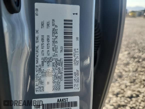 ✅ 2020 Toyota Tundra Limited • VIN: 5TFHY5F11LX948377 • Lot: 72054885. Wystawiony na Copart z przebiegiem 20 437 mil. Bezpłatny archiwum sprzedaży aukcyjnych z USA i szczegółowy raport historii pojazdu na DreamBid. Zdjęcie 13.